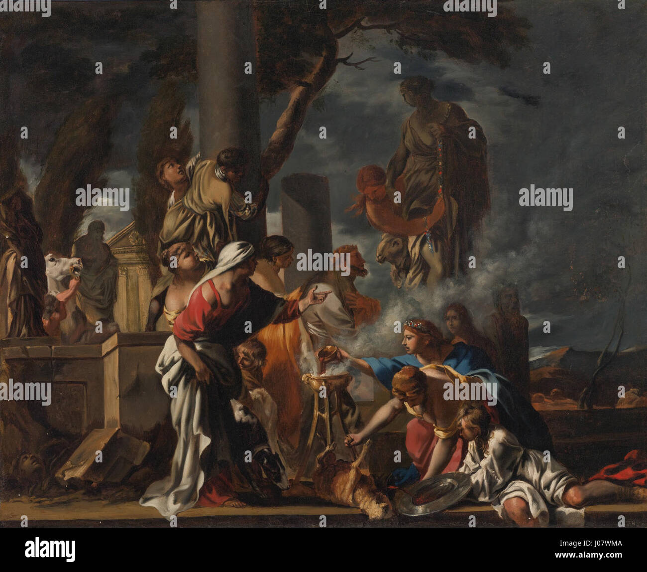 Sébastien Bourdons Gemälde von König Salomon zeigt den Monarchen, der Götzenopfer darbringt. Dieses barocke Werk erforscht die biblische Erzählung von Salomons Untergang und spiegelt die dramatische Beleuchtung und emotionale Intensität der Zeit wider. Stockfoto