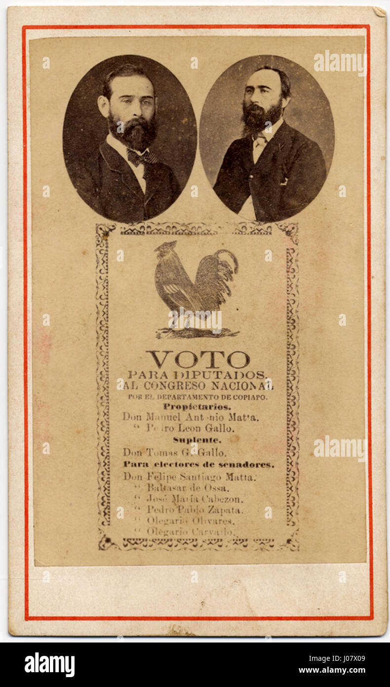 Politisches Propagandaplakat für Manuel Antonio Matta und Pedro León Gallo, das ihren politischen Einfluss in Chile während des 19. Jahrhunderts hervorhebt. Stockfoto