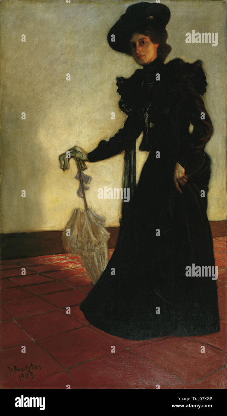 Julius Exters Porträt von Juliet Melms aus dem Jahr 1903 zeigt eine detaillierte und ausdrucksstarke Darstellung des Themas. Der Künstler verwendet weiche Farben und feine Pinselarbeiten, um die Persönlichkeit und Eleganz des Motivs zu vermitteln. Stockfoto