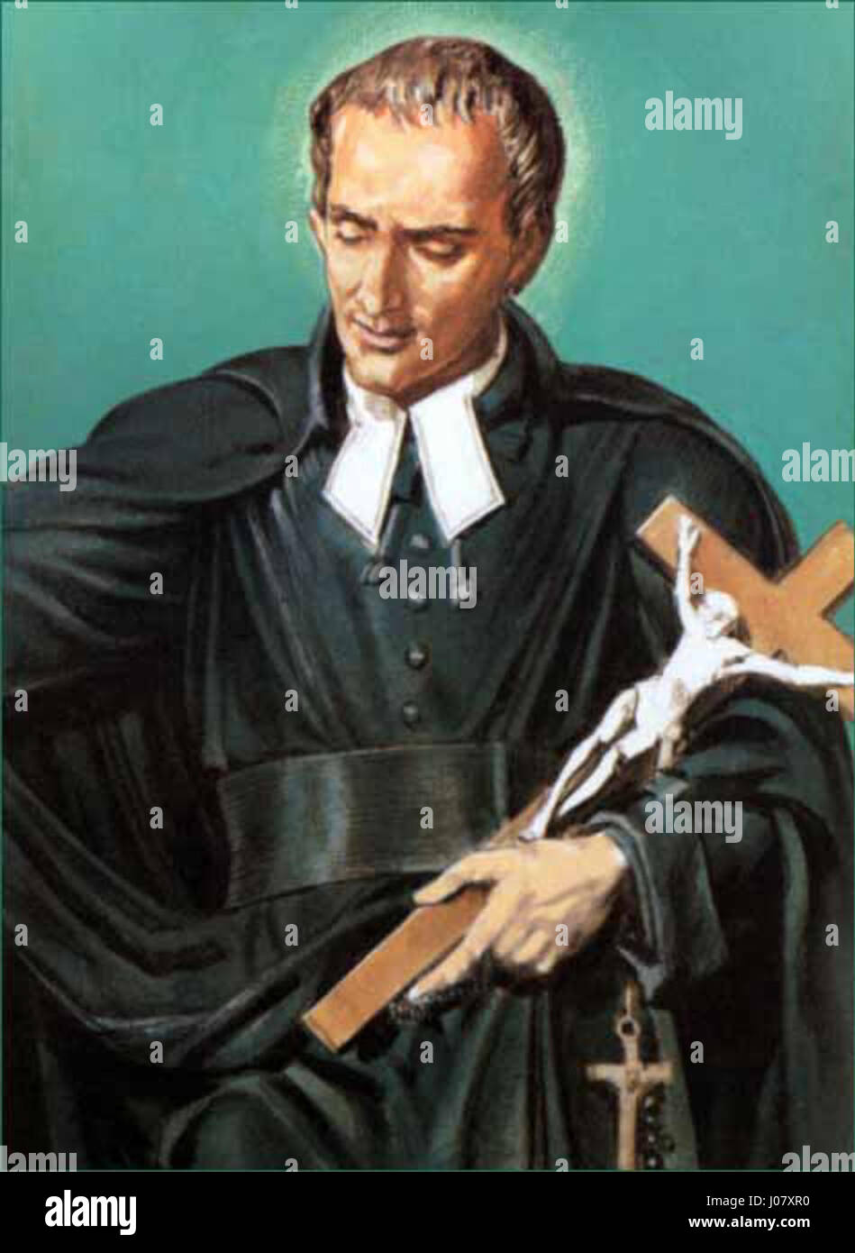 Luis María Grignon ist eine Darstellung des heiligen Louis de Montfort, eines französischen katholischen Priesters und Missionars. Das Gemälde unterstreicht seine religiöse Hingabe und Missionsarbeit und betont seine Rolle bei der Förderung des Rosenkranzes und der Hingabe an Maria. Stockfoto