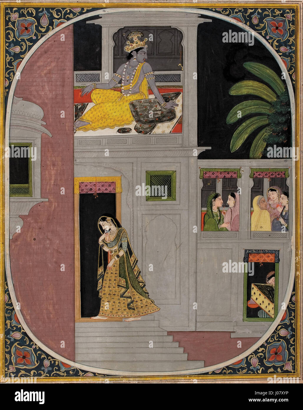 Dieses Kunstwerk zeigt Radhas nächtliche Reise zu Krishnas Haus, ein gängiges Thema in der indischen Kunst. Die Szene betont die romantischen und hingebungsvollen Aspekte der Radha-Krishna-Beziehung in der hinduistischen Mythologie. Stockfoto Dieses Kunstwerk zeigt Radhas nächtliche Reise zu Krishnas Haus, ein gängiges Thema in der indischen Kunst. Die Szene betont die romantischen und hingebungsvollen Aspekte der Radha-Krishna-Beziehung in der hinduistischen Mythologie. Stockfoto