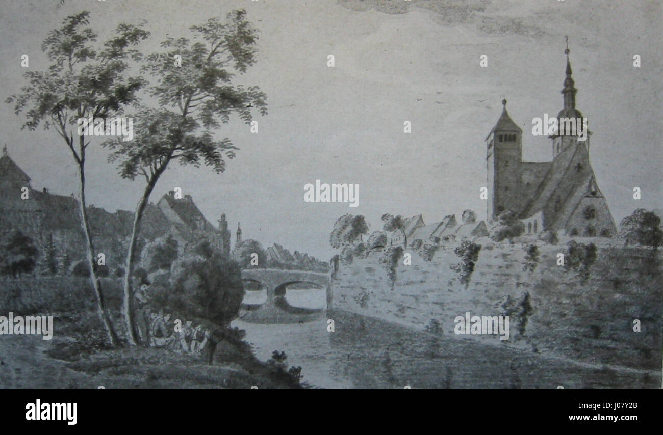 Die Reglerkirche in Erfurt, um 1800, von der anderen Seite der Stadtmauer aus gesehen, mit der Augustusbrücke im Hintergrund. Diese Ansicht unterstreicht die bedeutende Rolle der Kirche in der historischen Architektur und Stadtentwicklung der Stadt. Stockfoto