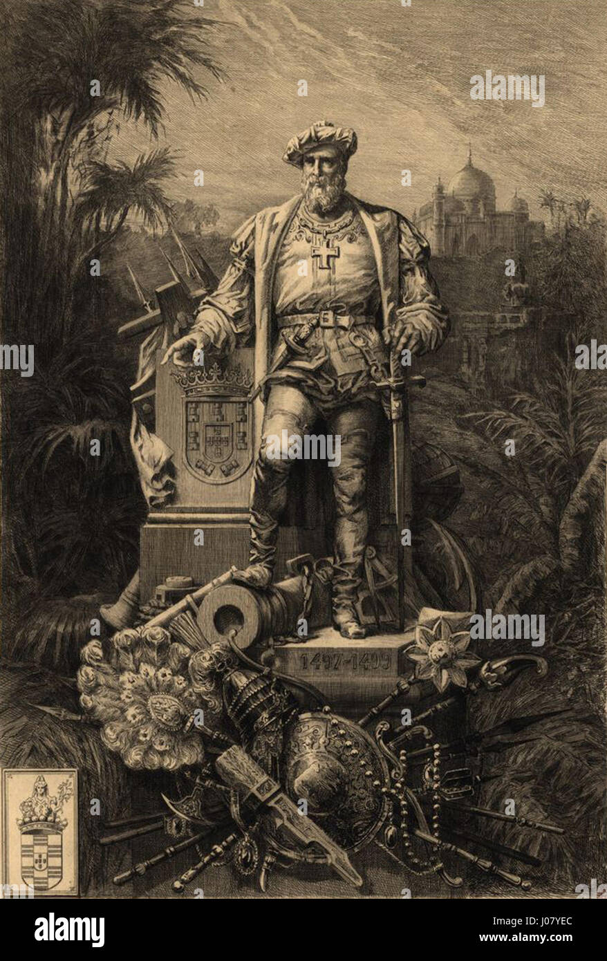 Dieser Stich von Vasco da Gama aus dem 19. Jahrhundert fängt den portugiesischen Entdecker in stilisierter Weise ein und spiegelt die Bedeutung seiner Reisen im Zeitalter der Entdeckung wider. Die Gravur unterstreicht seine historische Bedeutung und globale Auswirkungen auf die Schifffahrt. Stockfoto