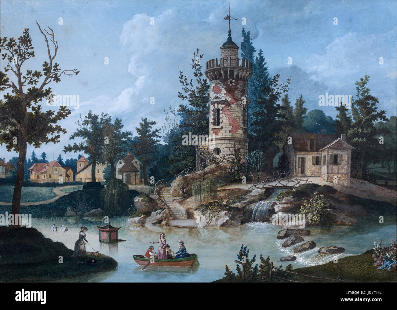 „Jardin de Mesdames“ im Bellevue Musée de Meudon zeigt eine ruhige Gartenszene, die die Schönheit und Ruhe der Außenbereiche im Frankreich des 19. Jahrhunderts widerspiegelt. Das Kunstwerk unterstreicht den Charme französischer Gärten. Stockfoto