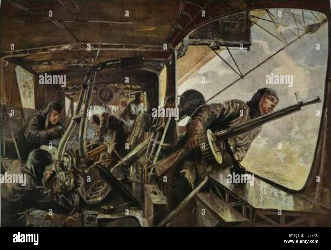 Das 1917 entstandene Maschinengondel eines Zeppelin-Luftschiffes von Felix Schwormstedt ist eine detaillierte Darstellung der Gondel eines Zeppelin-Luftschiffes. Es zeigt die technische Konstruktion und den mechanischen Aufbau des Luftschiffs während des Ersten Weltkriegs Stockfoto