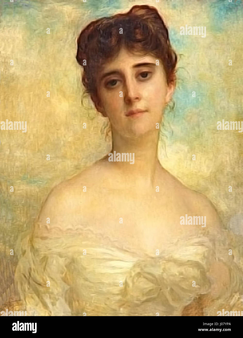 Dieses Porträt von Hébert zeigt Louise Lefuel Hochon, die würde und Eleganz des Motivs mit detaillierter Darstellung einfängt, typisch für französische Porträts des 19. Jahrhunderts. Stockfoto