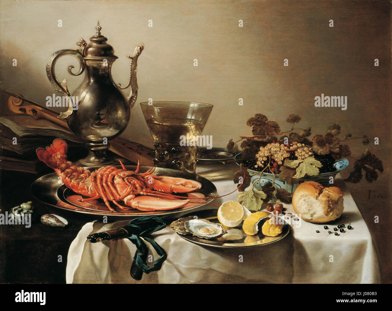 Pieter Claesz - Tafel Mit Hummer, Silberkanne, Groğem Berkemeyer, Früchteschale, Violine Und Zeitschriftenbeiträge Stockfoto