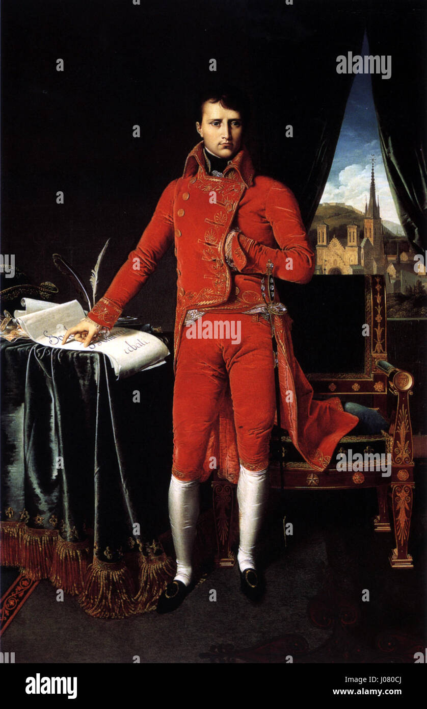 Dieses Porträt von Jean Auguste Dominique Ingres stellt Napoleon Bonaparte als ersten Konsul dar und zeigt seine Macht und seinen Status in den ersten Jahren seiner Führung in Frankreich. Das Werk erfasst den formalen, autoritativen Charakter der Herrschaft Napoleons. Stockfoto