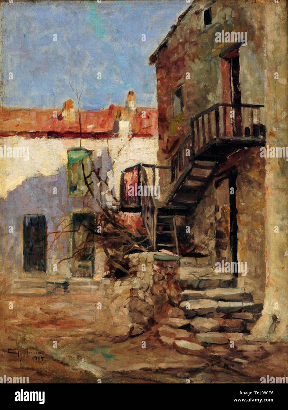 Ein Gemälde des brasilianischen Künstlers Antônio Parreiras mit dem Titel *Casas em Piana* (Häuser in Piana), das einen malerischen Blick auf ein Dorf in Korsika, Frankreich, zeigt. Das Kunstwerk aus dem 19. Jahrhundert zeigt Parreiras' Talent, die Architektur und Landschaften des Mittelmeers einzufangen. Stockfoto