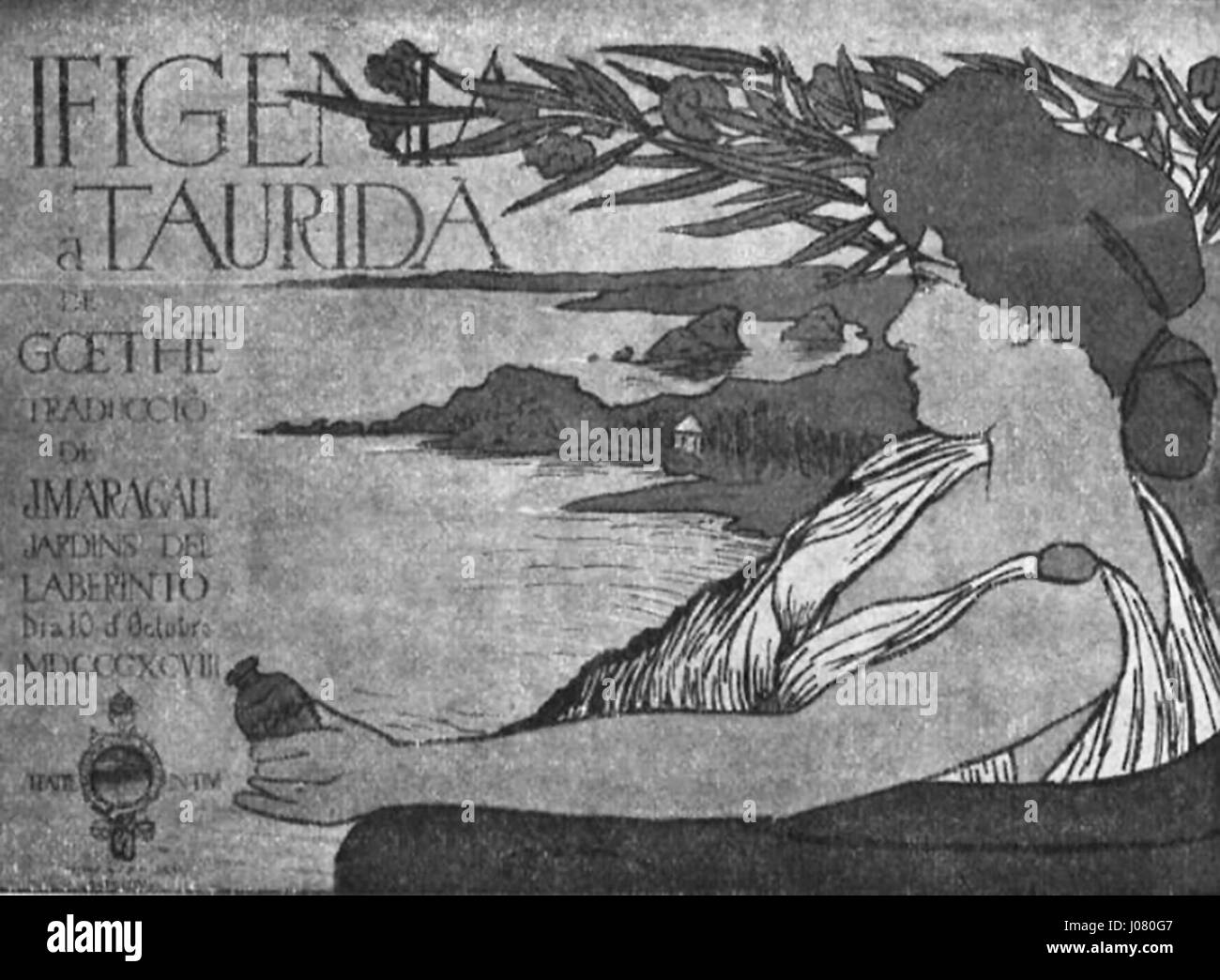 Dieses Plakat für „Iphigenia in Tauris“ von Miquel Utrillo aus dem Jahr 1898 zeigt kühne, grafische Elemente und wirbt für eine theatralische Inszenierung der antiken griechischen Tragödie von Euripides. Das Design spiegelt den künstlerischen Stil des späten 19. Jahrhunderts wider. Stockfoto