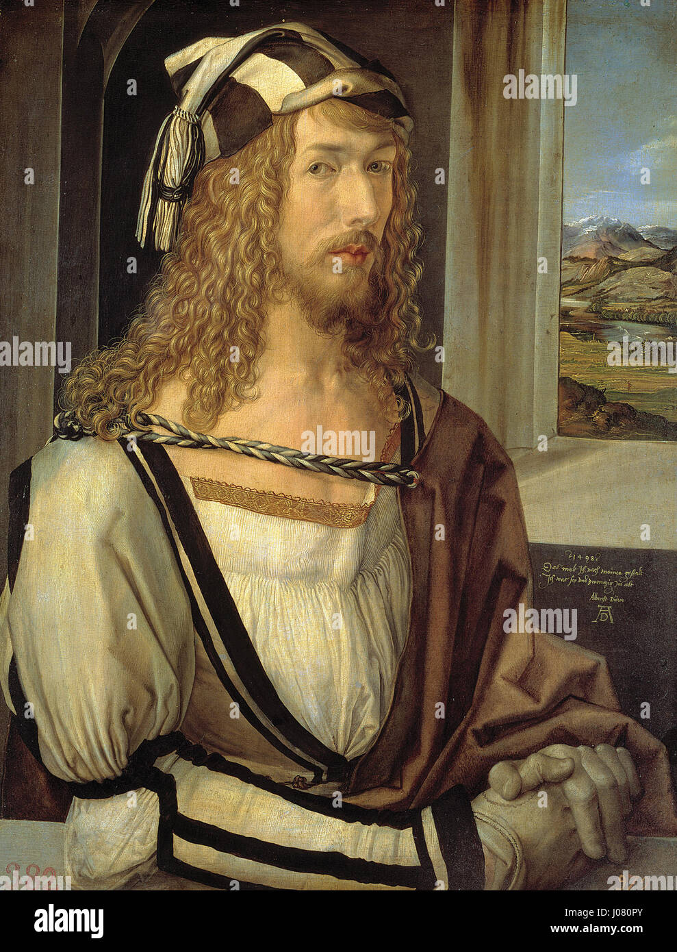Selbstbildnis mit 26 Jahren ist ein Selbstbildnis von Albrecht Dürer, das im Alter von 26 Jahren entstanden ist. Das Gemälde ist ein bedeutendes Beispiel für Dürers Geschick und seine Meisterschaft im Porträt, das im Prado Museum in Madrid untergebracht ist. Stockfoto