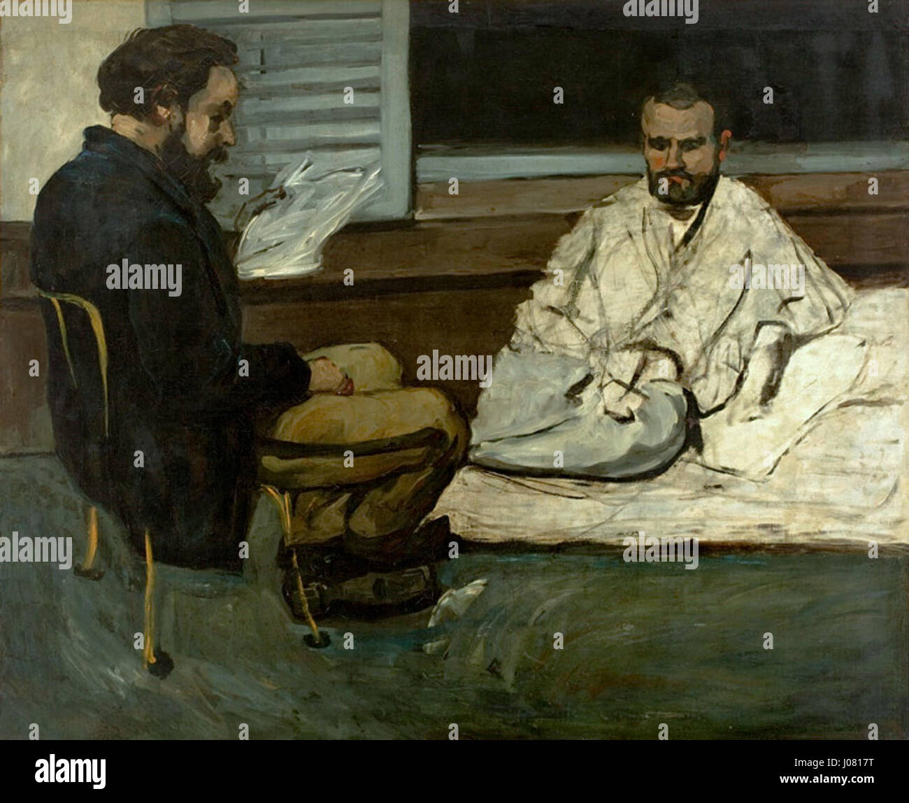 Paul Cézannes Gemälde „Paul Alexis Lˆ um Manuscrito a Zola“ zeigt den Schriftsteller Paul Alexis, der ein Manuskript an Emile Zola liest. Dieses Kunstwerk hebt Cézannes charakteristisches Pinselwerk und die Aufmerksamkeit für die Komposition hervor, wobei der Schwerpunkt auf intellektuellen Themen liegt. Stockfoto