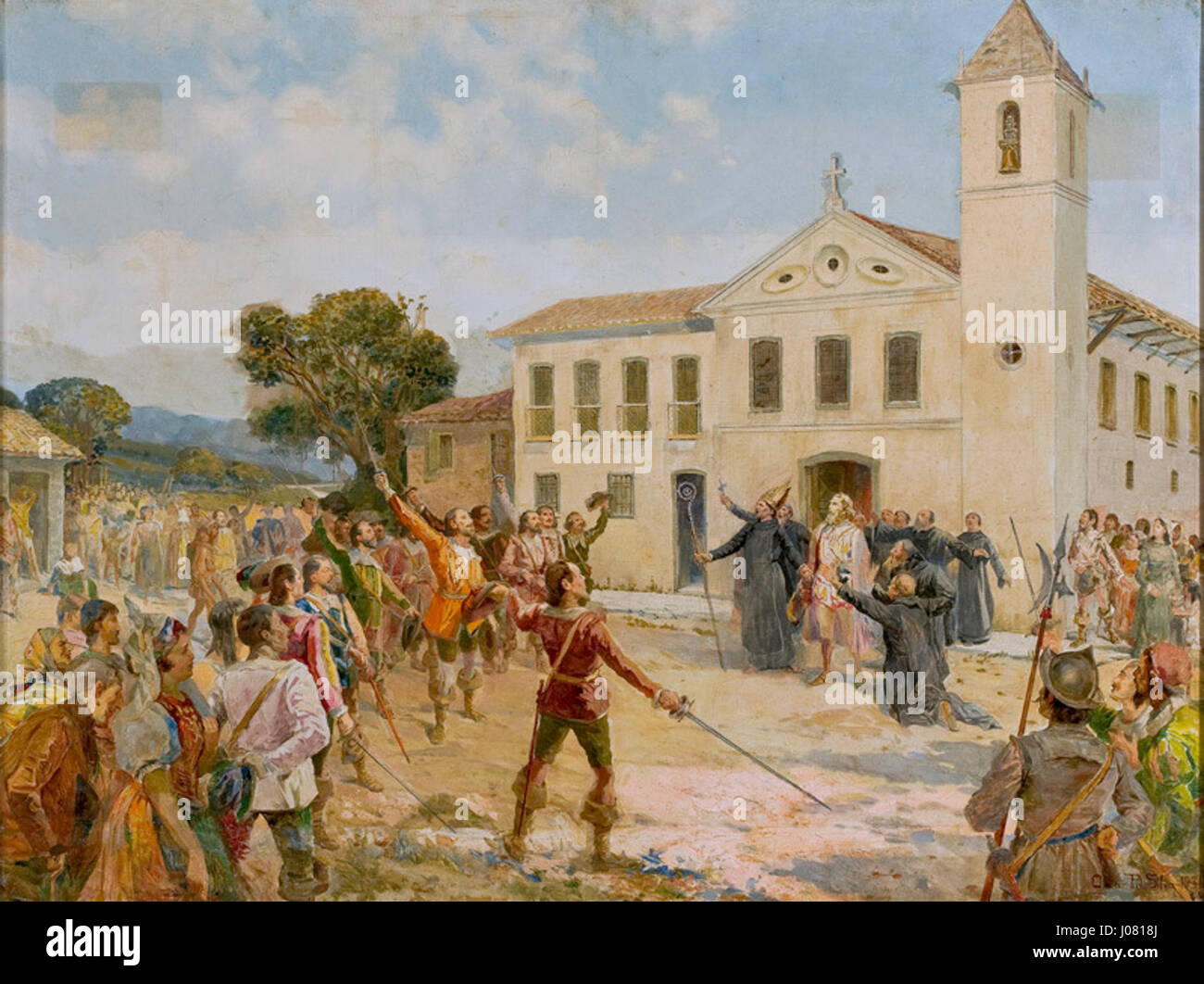 Oscar Pereira da Silvas Gemälde „Aclamação de Amador Bueno“ aus dem Jahr 1931 zeigt einen historischen Moment in der brasilianischen Geschichte, in dem Amador Bueno von den Menschen als ihren Anführer angesehen wird. Die Arbeit beleuchtet die politischen Ereignisse Brasiliens im 19. Jahrhundert und die nationale Identität. Stockfoto