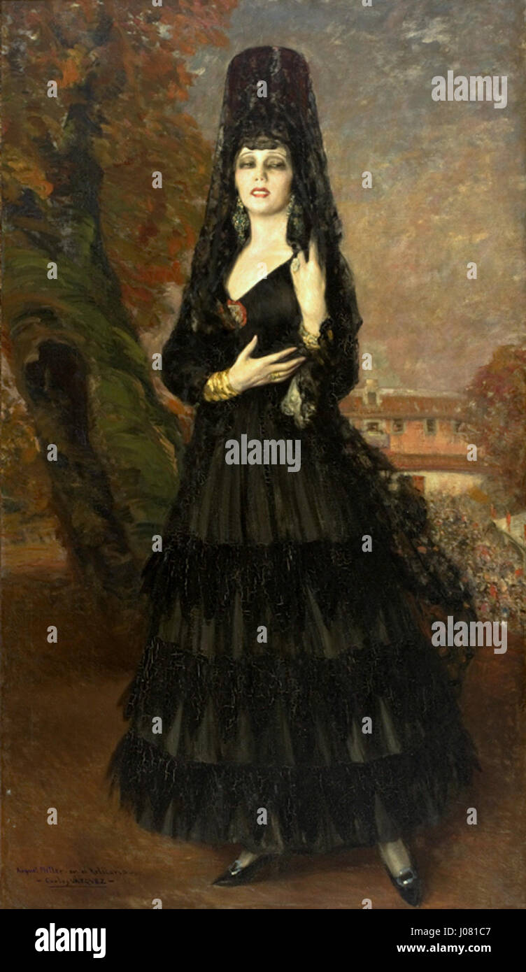 Dieses Porträt von Carlos Vázquez mit dem Titel „Raquel Meller no Relicario“ zeigt den spanischen Sänger Raquel Meller, der zu Beginn des 20. Jahrhunderts eine prominente Figur in der spanischen Musik war. Das Gemälde spiegelt ihre kulturelle Bedeutung wider und stellt sie als eine führende Figur der spanischen Unterhaltung dar. Stockfoto