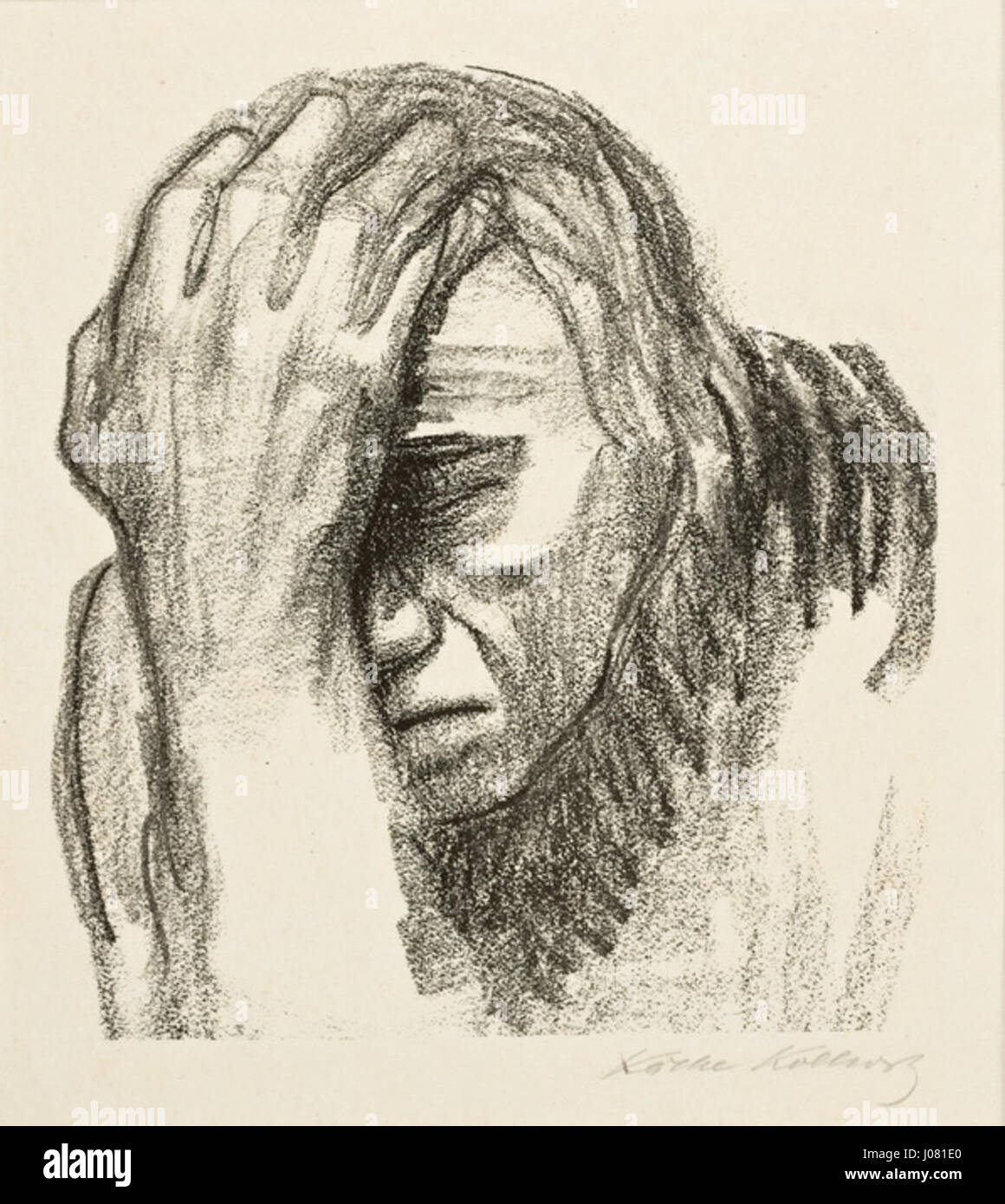 „Mulher Pensando“ (Woman Thinking) von Käthe Kollwitz spiegelt die Auseinandersetzung der Künstlerin mit menschlichen Emotionen und innerer Betrachtung wider. Das Stück zeigt Kollwitz’ Fokus auf die menschliche Situation, insbesondere auf Themen wie Trauer, Denken und existenzielle Reflexion. Stockfoto