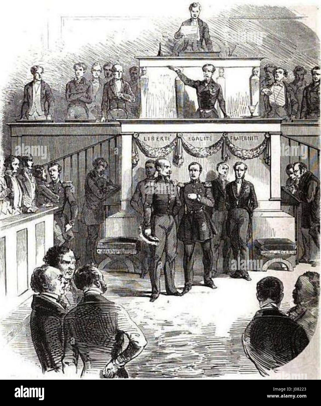 Dieses historische Gemälde stellt den Eid des neu gewählten französischen Präsidenten am 20. Dezember 1848 dar, einen entscheidenden Moment in der französischen politischen Geschichte. Das Kunstwerk repräsentiert die demokratischen Veränderungen im Frankreich des 19. Jahrhunderts. Stockfoto