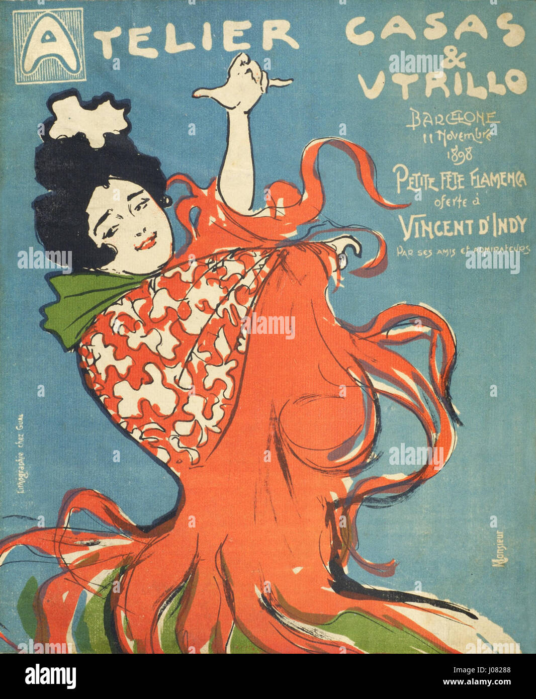 Dieses Werk fängt eine Flamenco-Feier ein, die zu Ehren des Komponisten Vincent d'Indy stattfindet und eine lebhafte Zusammenkunft von Freunden und Bewunderern beinhaltet. Die Szene spiegelt die lebhafte spanische Kultur und künstlerische Kameradschaft wider. Stockfoto