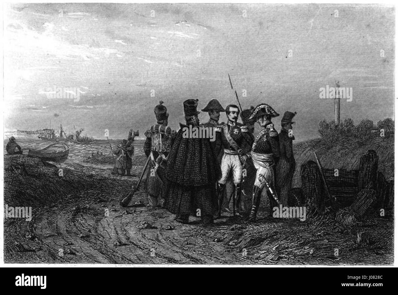 Dieses Gemälde zeigt Louis-Napoléon Bonapartes Landung in Boulogne im Jahr 1840, ein historisches Ereignis, das einen entscheidenden Moment in seinem Aufstieg an die Macht markierte. Das Kunstwerk fängt die dramatische Landung und die Figuren der Militäroperation ein. Stockfoto