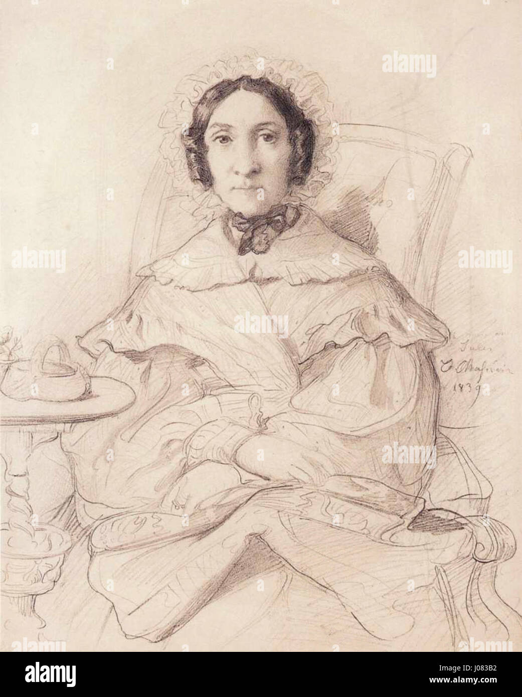 Théodore Chassériaus Porträt von Mme Monnerot dem Älteren ist ein Gemälde aus dem 19. Jahrhundert, das ein detailliertes Porträt einer Frau aus dieser Zeit zeigt. Stockfoto