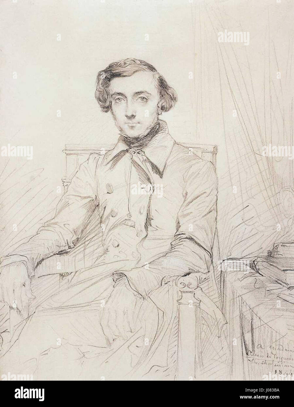 Théodore Chassériaus Porträt von Alexis de Tocqueville fängt den französischen Aristokraten und politischen Denker ein, der für seine Arbeit über Demokratie und Gesellschaft bekannt ist. Das Gemälde vermittelt Tocquevilles intellektuellen Charakter und seine einflussreiche Rolle in der französischen Politik des 19. Jahrhunderts. Stockfoto