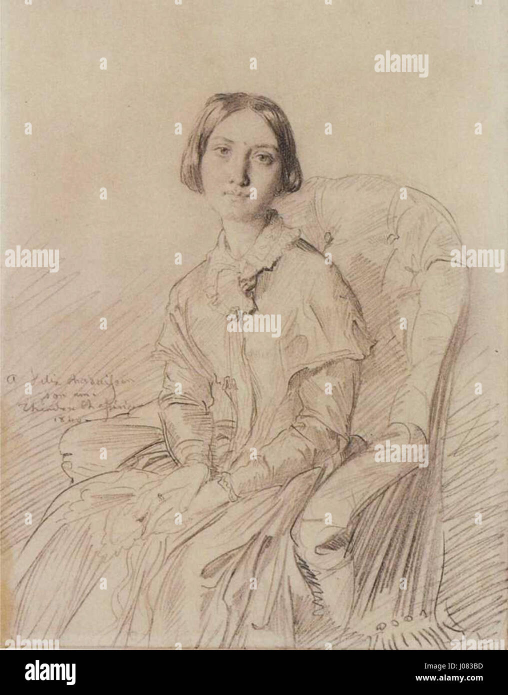 Théodore Chassériaus Porträt von Frau Félix Ravaisson-Mollien, das Mitte des 19. Jahrhunderts gemalt wurde, zeigt sein Talent, detaillierte, intime Ausdrücke und elegante Gelassenheit in seinen Motiven einzufangen. Stockfoto