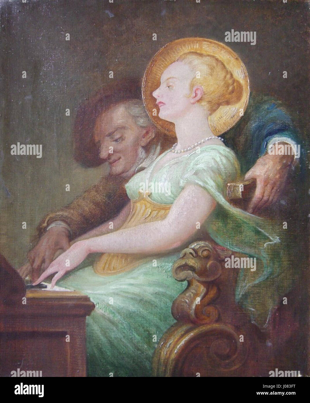 Richard Wagner und die hl. Cäcilie' stellt ein Kunstwerk dar, das die Figur von Richard Wagner mit der Heiligen Cecilia, der Schutzpatronin der Musik, verbindet. Dieses Stück aus dem 19. Bis 20. Jahrhundert hebt die Verflechtung von Musik und religiösem Symbolismus hervor. Stockfoto