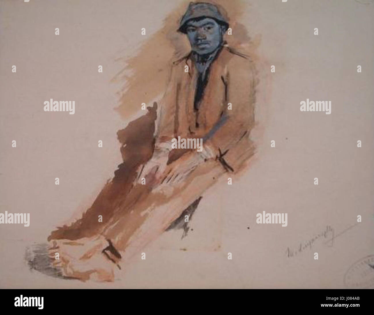 László Mednyánszky „sitzender Vagabond“ zeigt eine Einzelfigur eines Wanderers in einem Moment der stillen Reflexion. Das Werk fängt die Kämpfe der Obdachlosen mit ausdrucksstarken Pinselarbeiten und einem düsteren Ton ein. Stockfoto