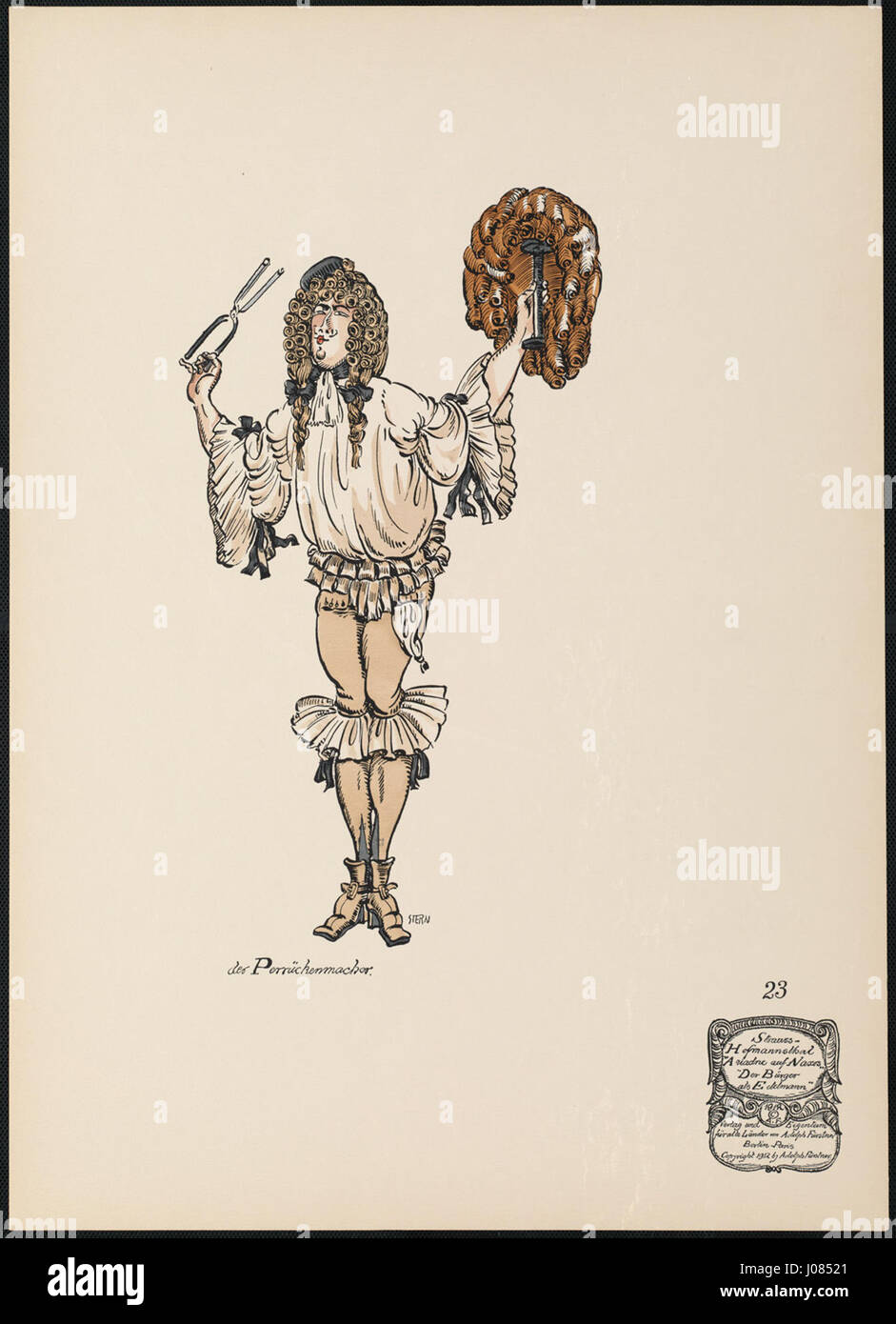 Dieser Stich aus dem 18. Jahrhundert mit dem Titel „der Perückenmacher“ befindet sich in der Sammlung der Boston Public Library. Es zeigt die Werkstatt eines Wigmachers auf detaillierte und humorvolle Weise. Stockfoto