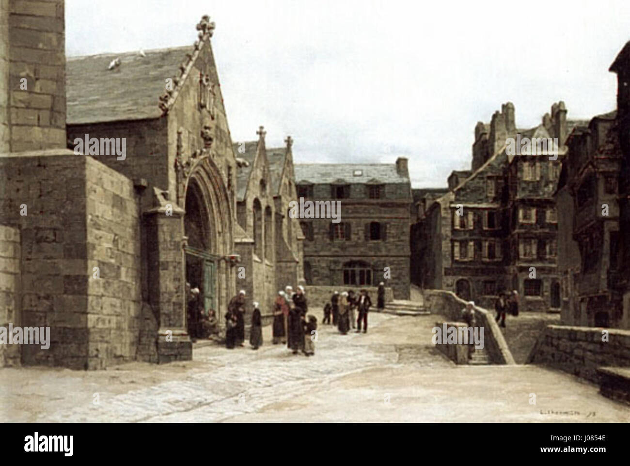 Léon Augustin Lhermittes Gemälde „Sortie de l'Eglise Sainte-Mélaine“ von 1875 Morlaix zeigt Gemeindemitglieder, die die Kirche Sainte-Mélaine in Morlaix, Frankreich, verlassen. Das Werk fängt das tägliche Leben und die religiöse Kultur des ländlichen Frankreichs im 19. Jahrhundert ein. Stockfoto