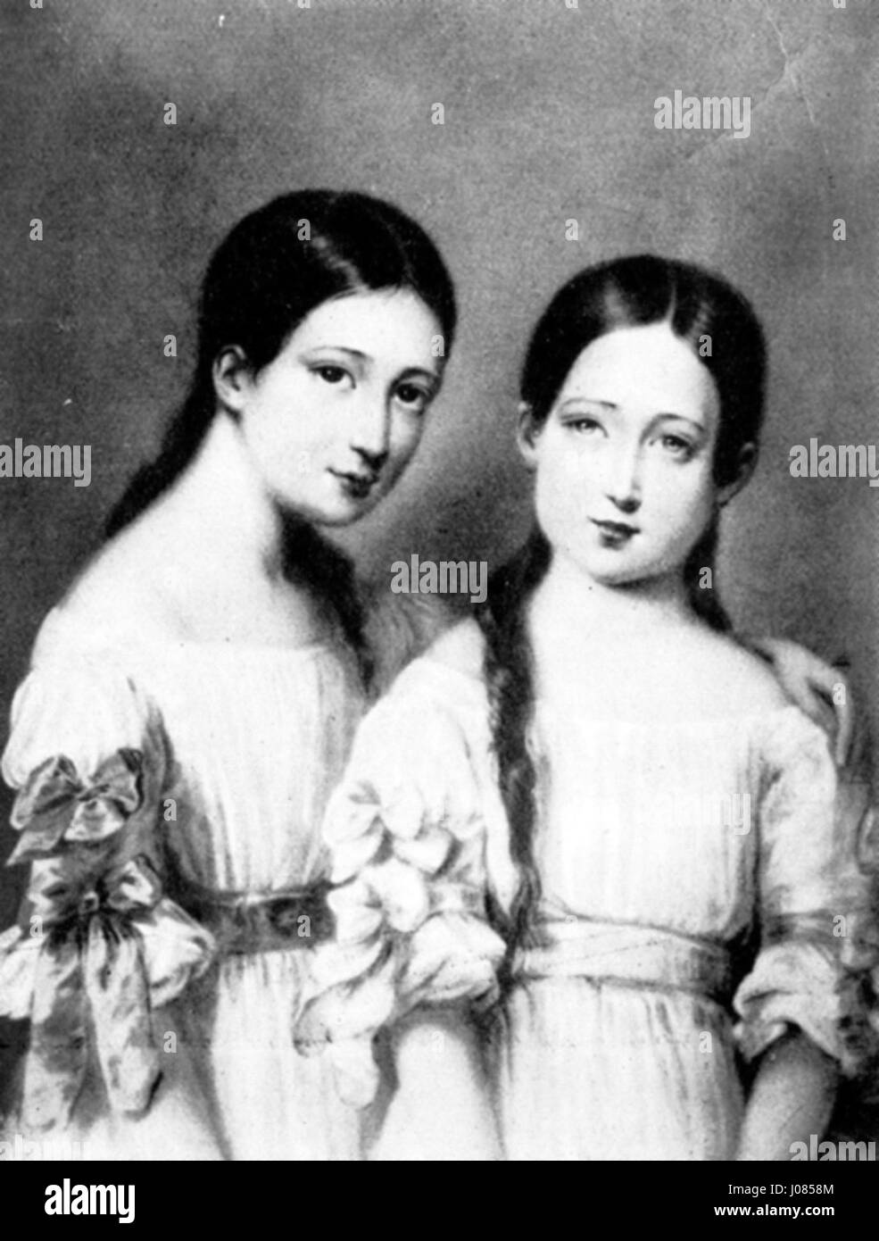 Dieses Porträt zeigt Kaiserin Eugénie von Frankreich mit ihrer Schwester und spiegelt die kaiserliche Eleganz des französischen Hofes Mitte des 19. Jahrhunderts wider. Das Gemälde fängt die königliche Mode und das würdevolle Verhalten der Frauen ein. Stockfoto