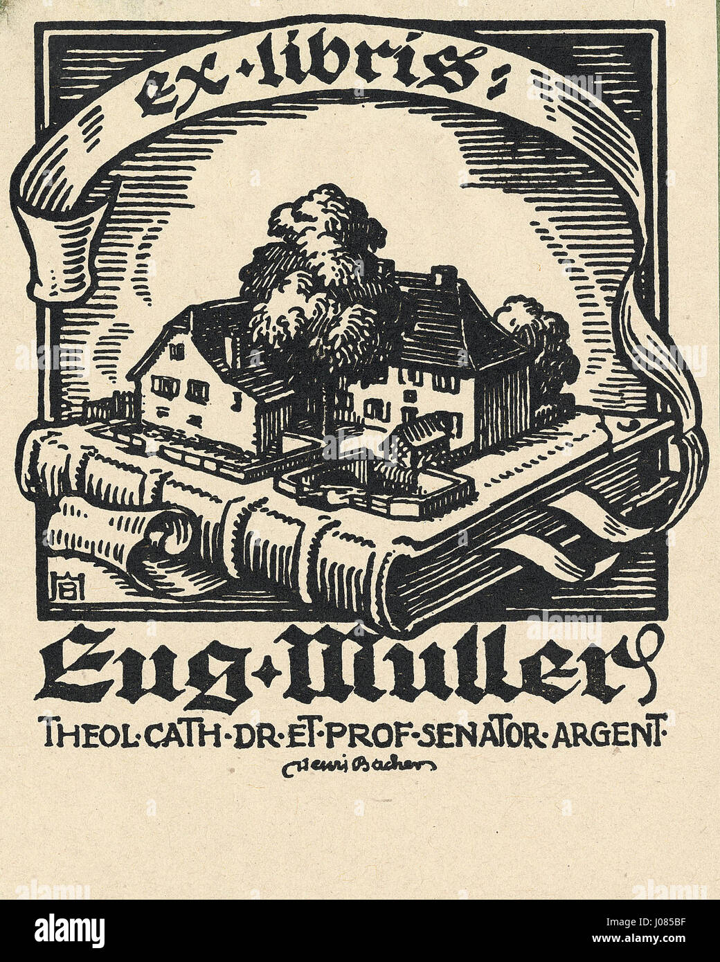 Ex libris von Eugène Müller steht für ein personalisiertes Bookplate-Design. Dieses Stück ist Teil einer Tradition von Büchertafeln, die oft von Buchsammlern zur Kennzeichnung des Besitzes verwendet werden und mit künstlerischen Motiven gestaltet sind, die den Vorlieben des Besitzers entsprechen. Stockfoto