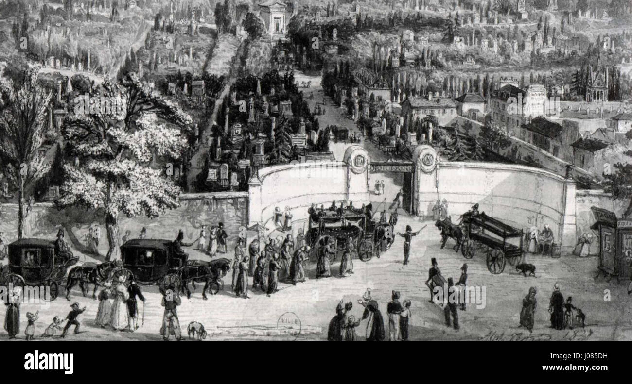 Das Gemälde „Enterrement en 1837“ zeigt eine Trauerprozession auf dem Friedhof Père-Lachaise in Paris. Das Kunstwerk fängt die düstere Atmosphäre der Bestattungsbräuche aus dem 19. Jahrhundert in Paris ein und hebt die emotionale Tiefe und die kulturellen Rituale hervor, die mit dem Tod in der französischen Gesellschaft verbunden sind. Stockfoto