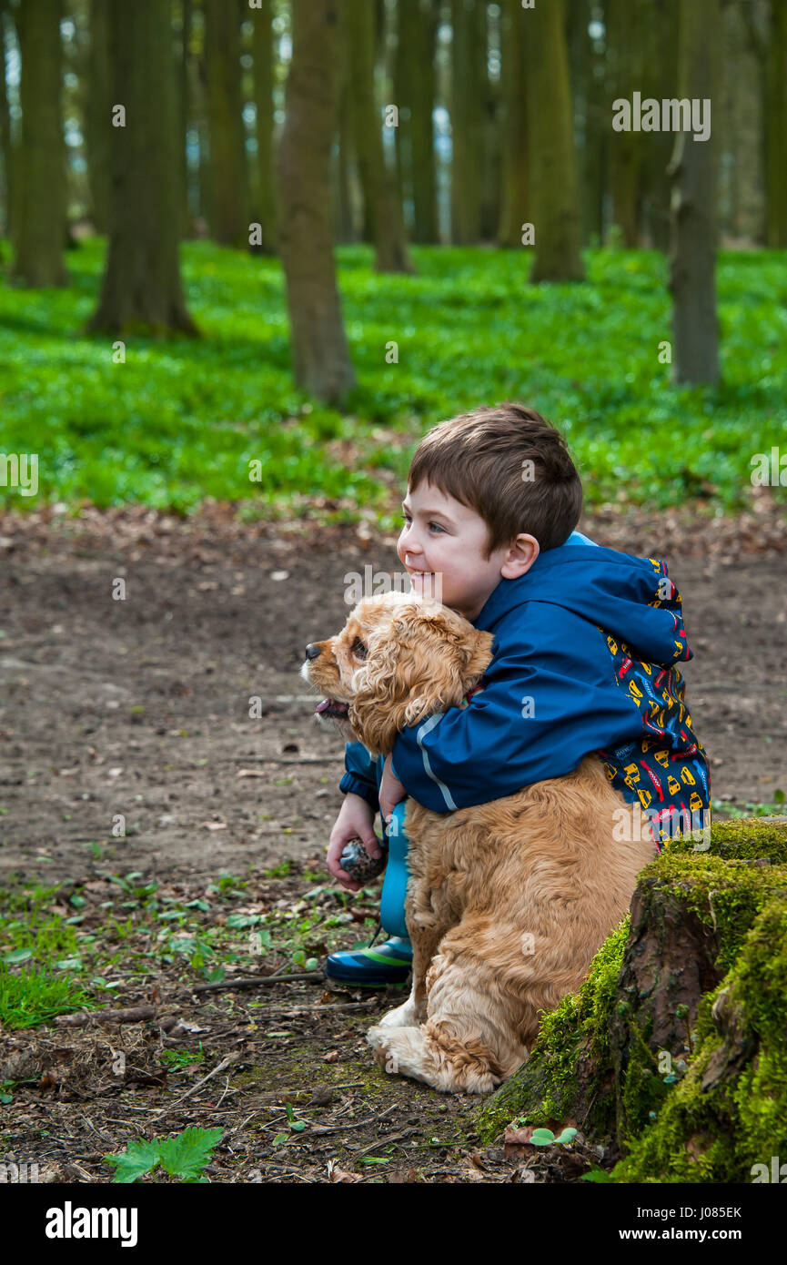 lächelnd fünf Jahre alten Junge sitzt in einer bewaldeten Gegend mit seinem Hund auf der Suche nach links in die Arme Stockfoto
