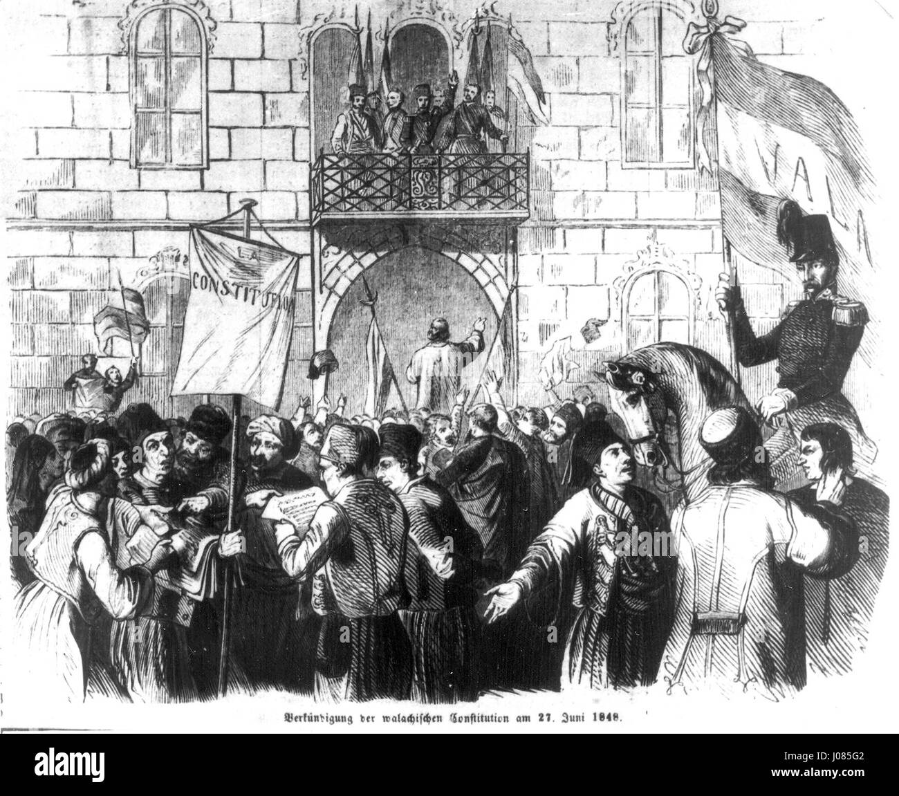 Die „Proklamation der walachischen Verfassung am 27. Juni 1848“ ist ein wichtiges historisches Ereignis, das in einem Gemälde festgehalten wird, das den Moment der Ankündigung der Verfassung darstellt. Diese Arbeit unterstreicht die Bedeutung des politischen Wandels und der nationalen Identität im Rumänien des 19. Jahrhunderts. Stockfoto
