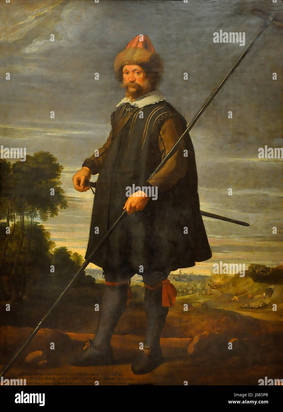 Pieter Snayers Porträt von 1623 zeigt Antonio Servás, einen Korporalsapper der spanischen Armee, mit seiner Militärkleidung und einem Minendetektor vor dem wahrscheinlichen Hintergrund der Belagerung von Bergen-op-Zoom. Stockfoto