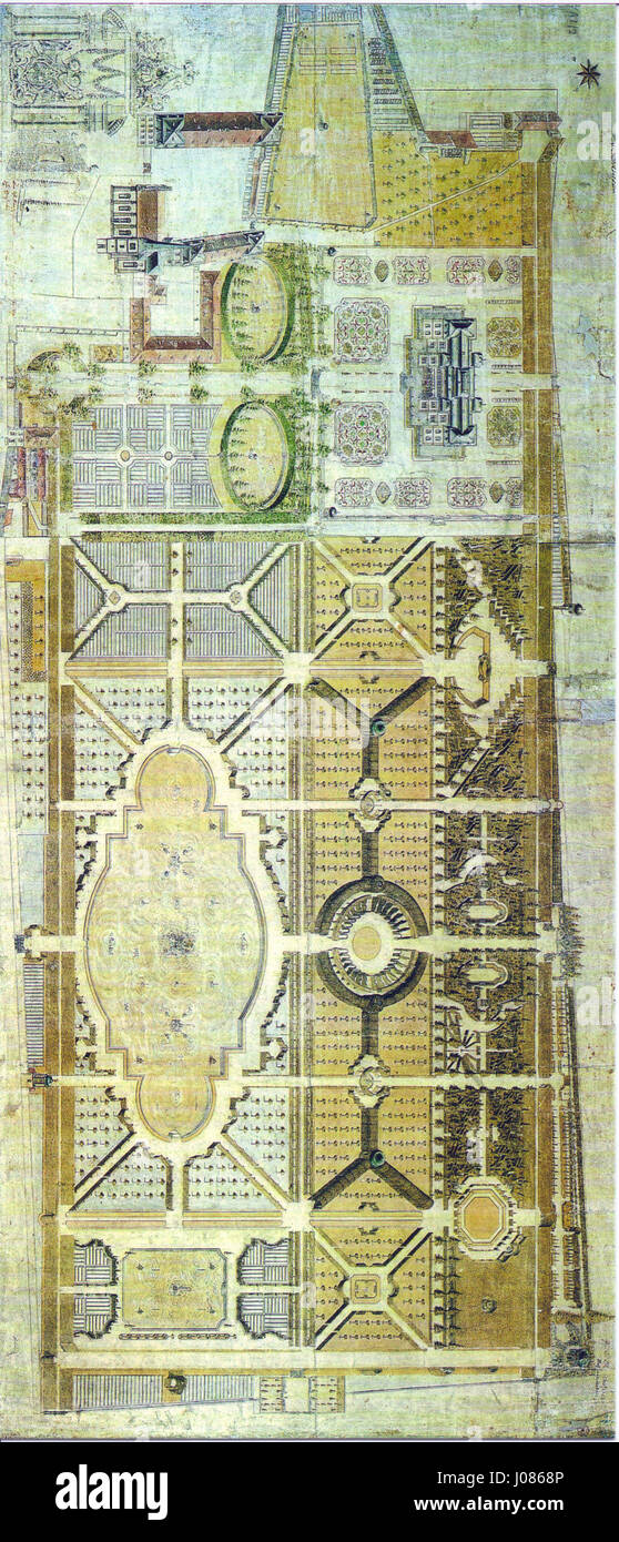 Der 1780 von Johann Anton OTH entworfene Gartenplan für Schloss Veitshöchheim spiegelt den barocken Landschaftsstil wider. Der Plan zeigt symmetrische Elemente und raffinierte Gartendesigns, die typisch für diese Zeit sind und die Pracht des Anwesens verdeutlichen. Stockfoto