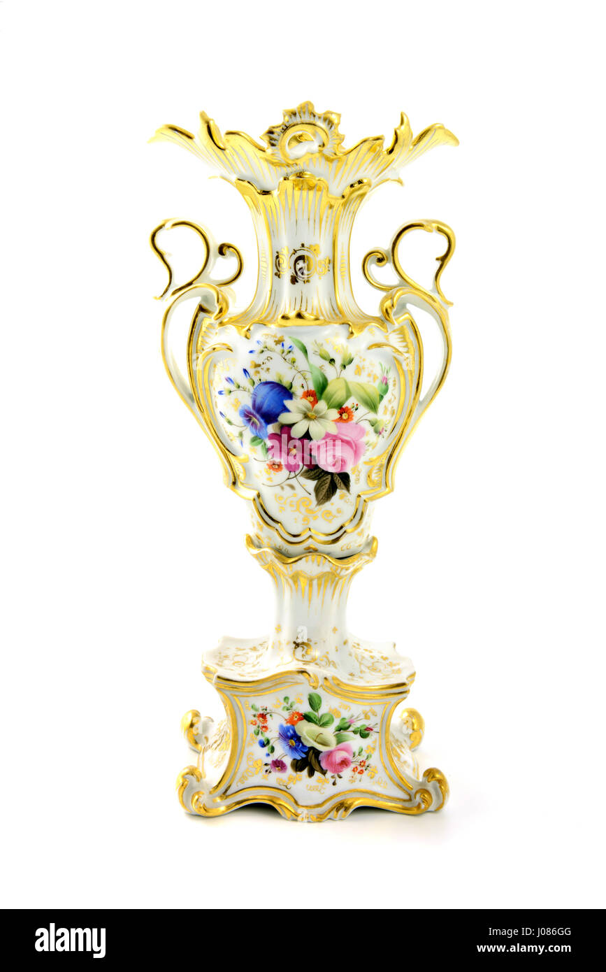 Antike Vase des Historismus Zeit gibt es 1860 Blumenbilder und Goldschmuck. Stockfoto