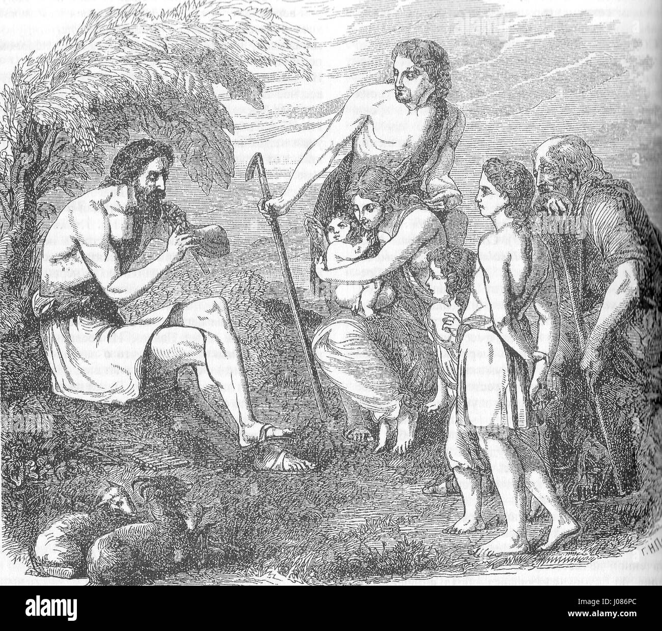 Jubal ist eine biblische Figur, die für sein musikalisches Talent bekannt ist. Das Kunstwerk stellt Jubal als Vater aller Musiker dar, eine Schlüsselfigur im Buch Genesis. Die Darstellung unterstreicht seine Rolle bei der Entwicklung der Musik und seine Verbindung zur göttlichen Inspiration. Stockfoto