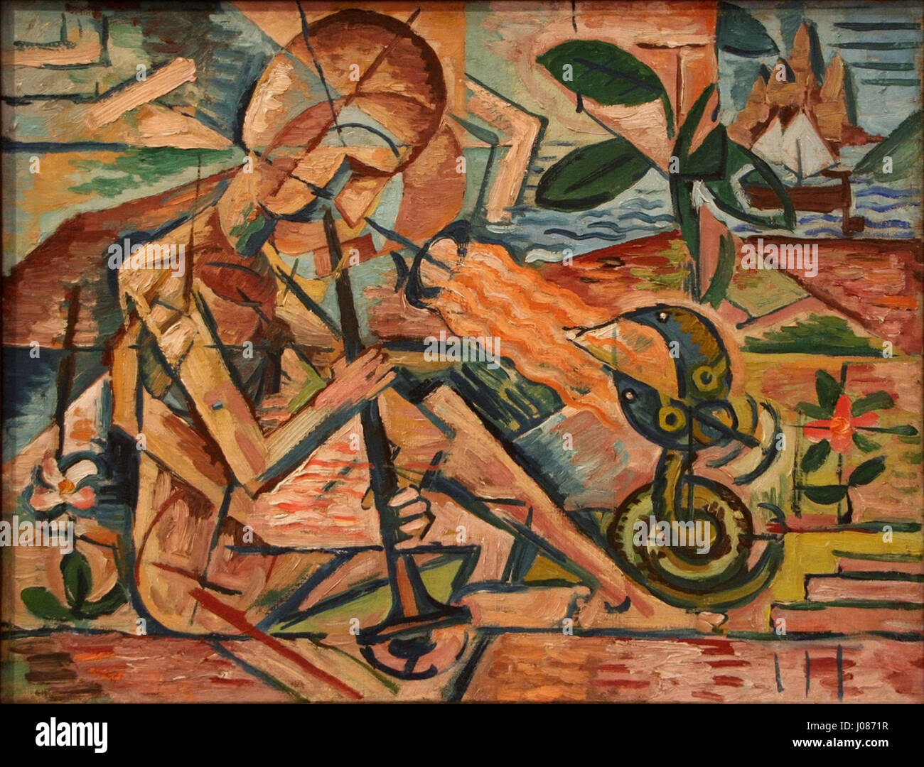 „Fakir Taming Snakes“ von Bohumil Kubista stellt eine dramatische Szene dar, in der ein Fakir, eine Art asketischer Mystiker, Schlangen kontrolliert. Dieses Werk spiegelt Kubistas Stil wider, der durch kühne Farben und dynamische Kompositionen geprägt ist und seinen Fokus auf menschliche Figuren und psychologische Intensität repräsentiert. Stockfoto