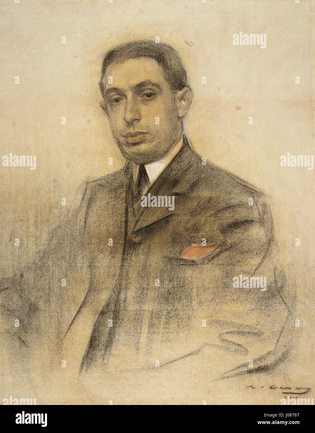 Ramon Casas’ Gemälde von Anselmo Fernández spiegelt ein Porträt eines herausragenden Individuums wider, das Persönlichkeit und Charakter durch detailgetreue Pinselarbeiten und Realismus einfängt. Stockfoto