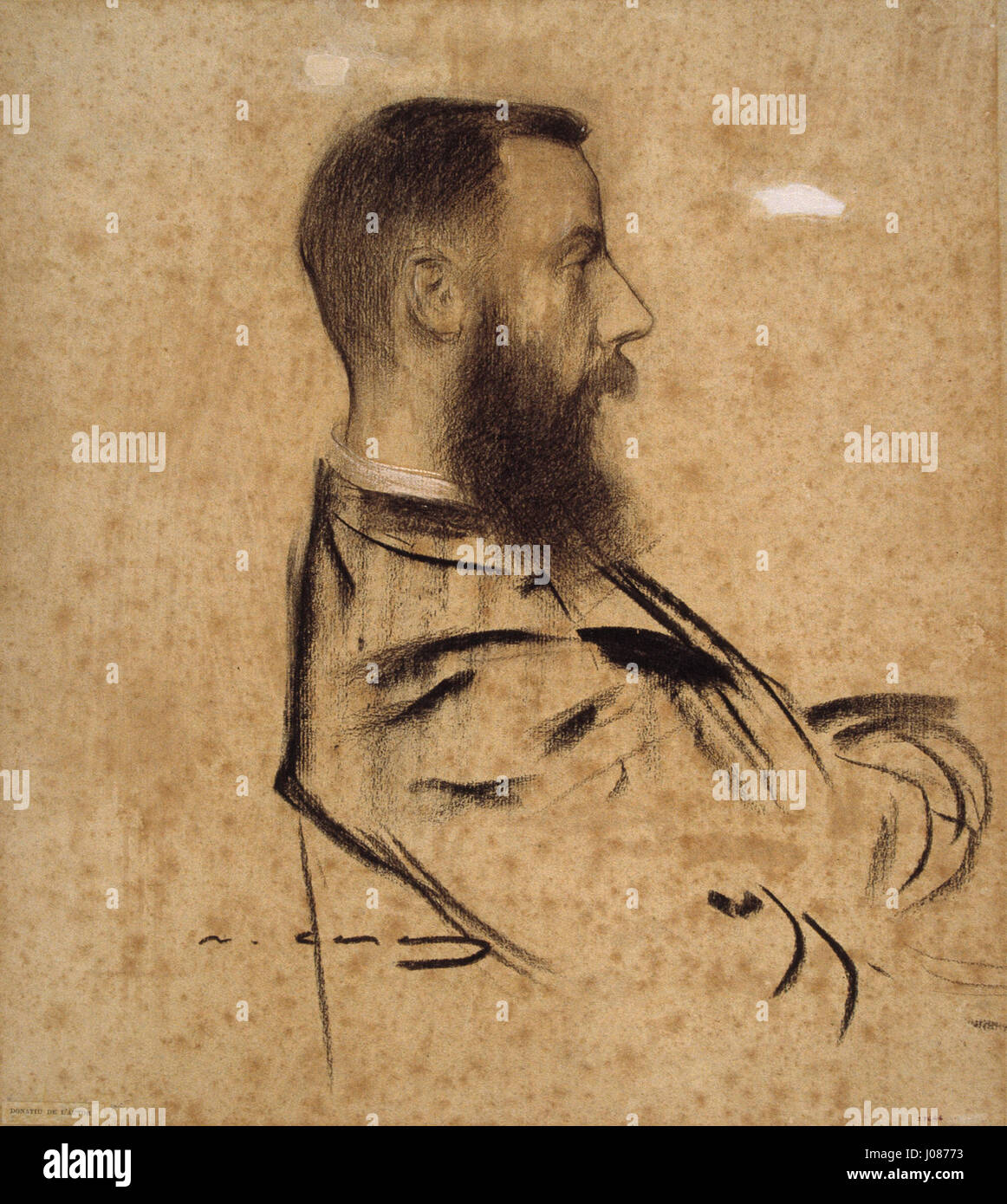 Dieses Werk von Ramon Casas, das im MNAC untergebracht ist, zeigt das Porträt von Raymond Foulch-Delbosc. Das Gemälde zeigt Casas' unverwechselbaren Stil, Persönlichkeit durch ausdrucksstarke Pinselarbeiten und Farbgebrauch zu erfassen, und unterstreicht die Individualität des Motivs. Stockfoto