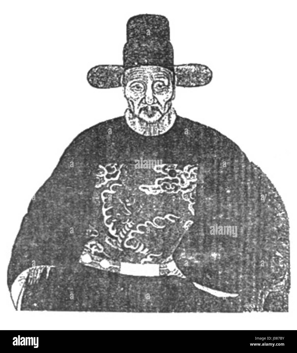 „An Rushan“ (安如山) stellt eine bemerkenswerte chinesische Figur dar, die das Wesen traditioneller chinesischer Porträtmalerei festnimmt und sich auf kulturelle Attribute und historische Bedeutung konzentriert. Stockfoto