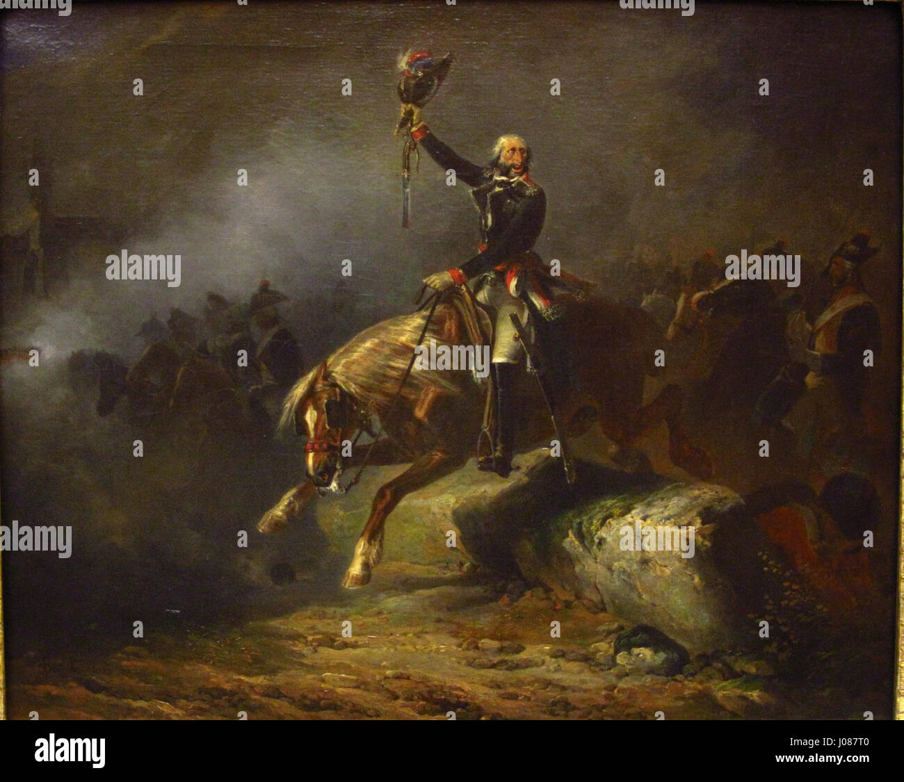 Diese Lithografie von Nicolas Toussaint Charlet aus dem Jahr 1843 stellt den Conventionnel Merlin de Thionville dar, eine Figur der französischen Revolutionsarmee. Das Kunstwerk zeigt die Militärfiguren der Epoche mit einem Fokus auf revolutionäre Themen und die französische Rheinarmee. Stockfoto