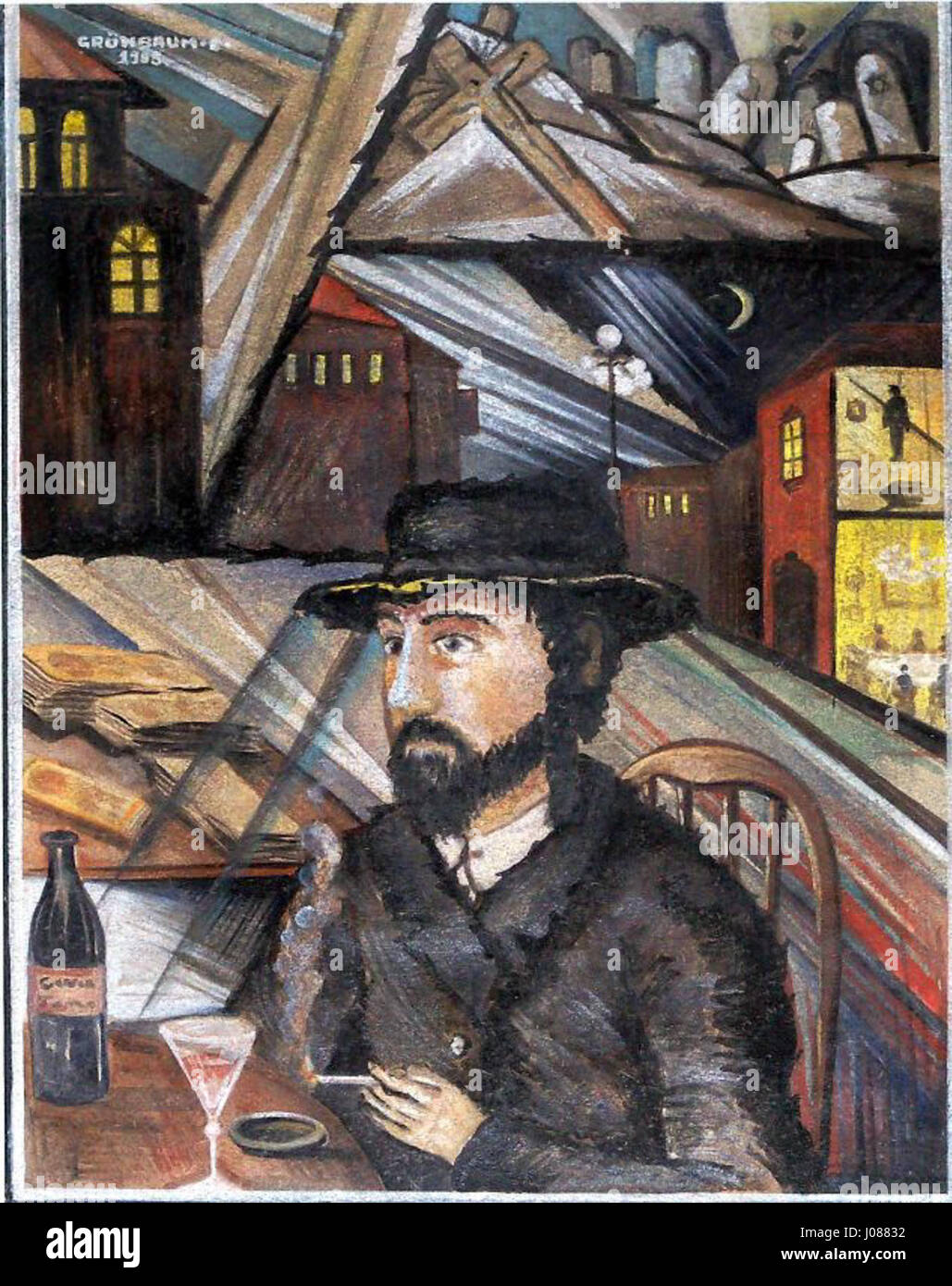 Erno Grönbaums Selbstporträt zeigt seinen komplizierten künstlerischen Stil mit expressiven Eigenschaften und einem direkten, konfrontativen Blick. Die Technik des Künstlers und die Verwendung von Schatten und Licht verleihen seinem Bild Tiefe und spiegeln seinen persönlichen Ansatz zur Selbstdarstellung in der bildenden Kunst wider. Stockfoto