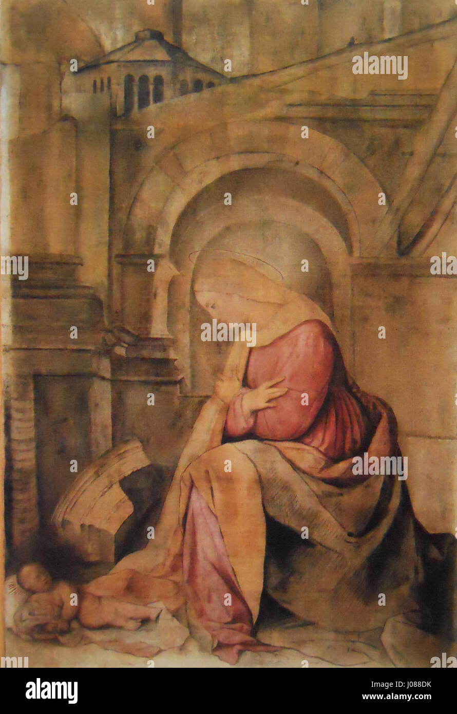 Maria adora il Bambino Gesù ist ein religiöses Gemälde von Moretto in der Kirche San Nazaro. Dieses Stück stellt die Jungfrau Maria in einem zärtlichen, hingebungsvollen Moment mit dem Jesuskind dar, ein gängiges Thema in der religiösen Kunst der Renaissance. Stockfoto