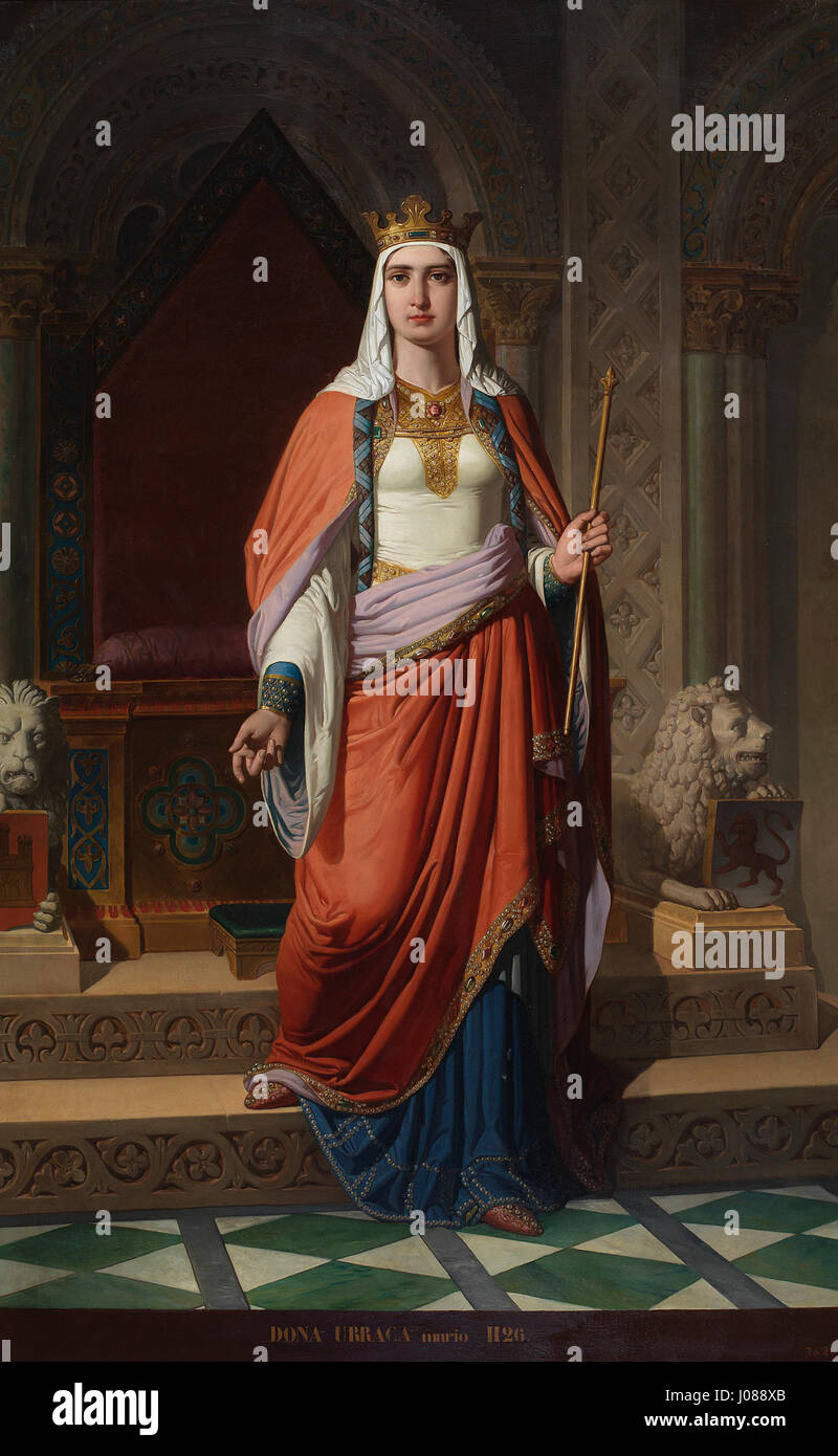 Urraca I, reina de León (Urraca I, Königin von León) ist ein historisches Porträt von Urraca I., der Königin von León, ausgestellt im Museo del Prado. Dieses Gemälde fängt das königliche Wesen von Urraca ein, die im frühen 11. Jahrhundert über das Königreich León regierte, und unterstreicht ihre Autorität, Kleidung und die historische Bedeutung ihrer Herrschaft. Stockfoto