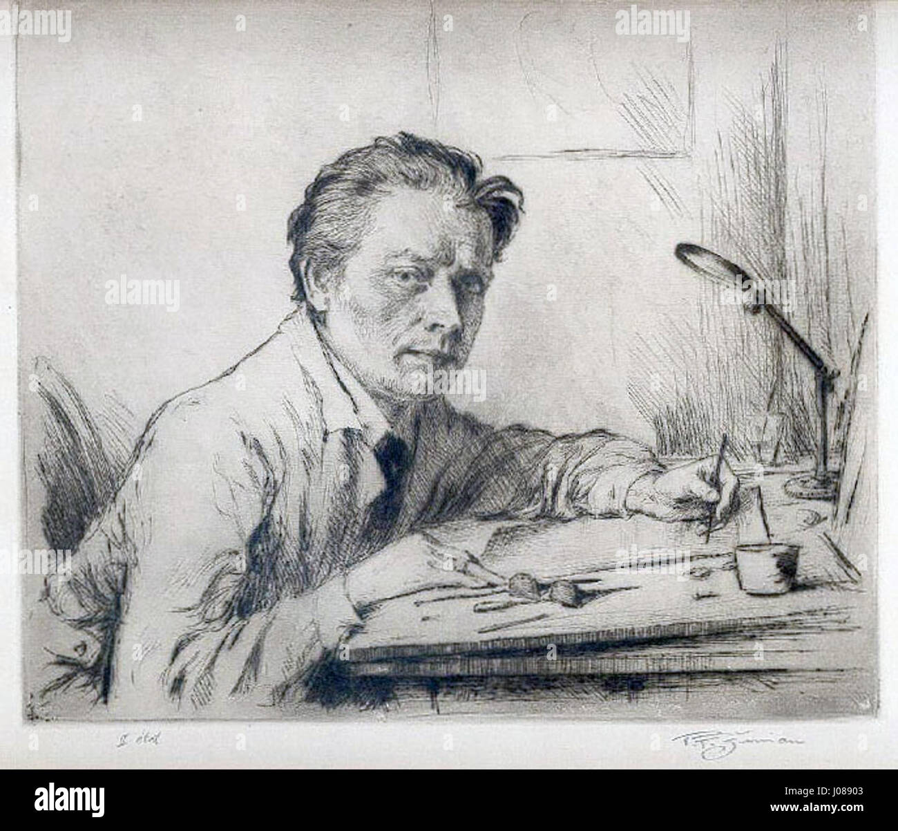 Vlastní podobizna von T. F. Simon ist ein Selbstporträt aus dem Jahr 1924, das die innere Welt und Identität des Künstlers widerspiegelt. Das Werk zeichnet sich durch präzise Pinselarbeiten und einen Fokus auf die Ausdrucksfähigkeit des Künstlers aus. Stockfoto