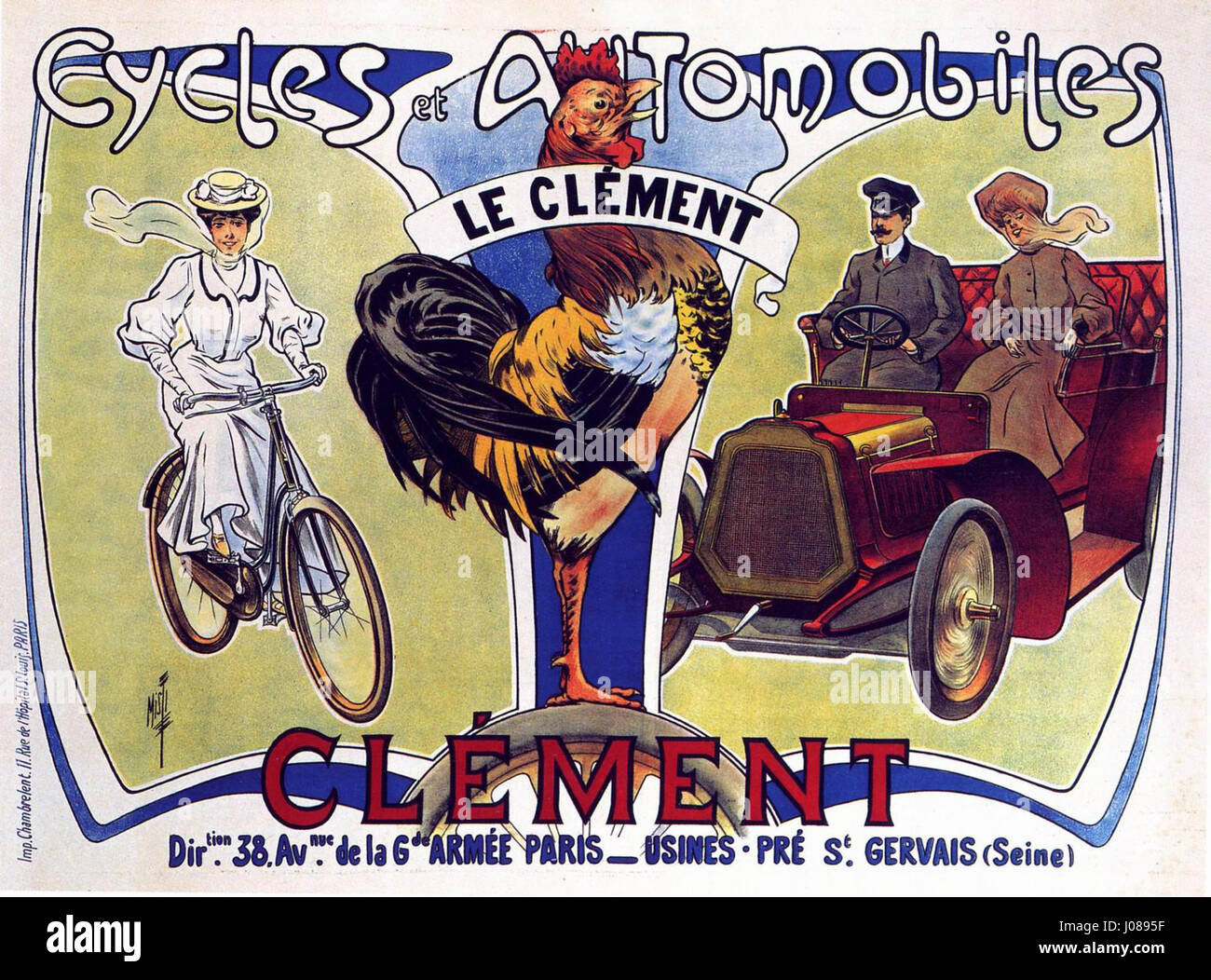 Diese Vintage-Werbung für Clément Cycles & Automobiles hebt die Beiträge der Marke zur frühen Automobil- und Fahrradgeschichte hervor. Das Design spiegelt den Innovationsgeist des späten 19. Und frühen 20. Jahrhunderts wider und fördert die technische Exzellenz der Marke. Stockfoto