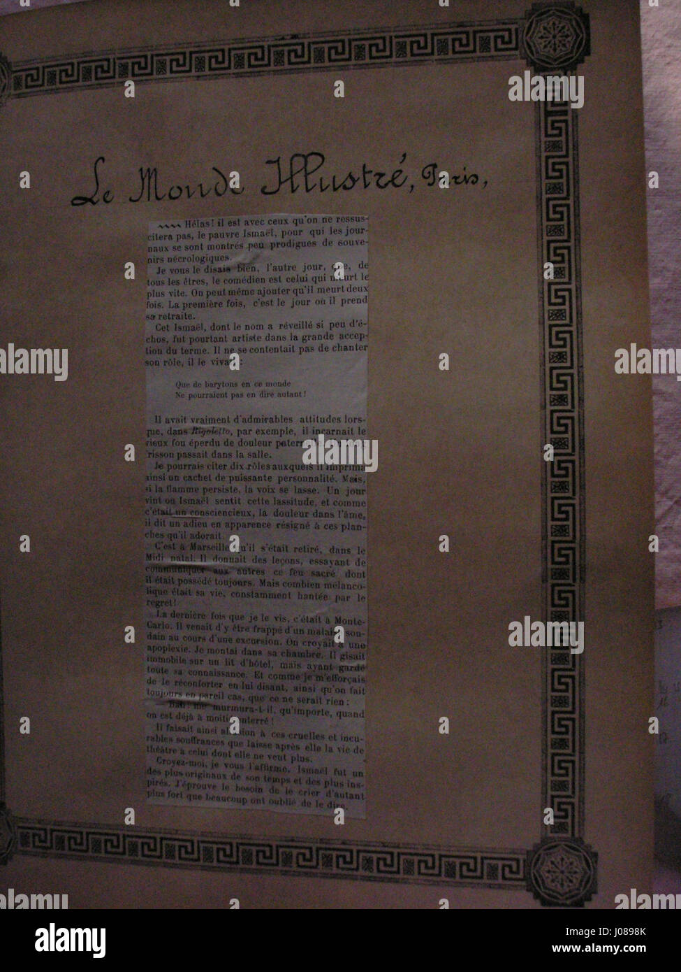 Dieser Nachruf von Ismaël aus „Le Monde illustré“ im Juni 1893 reflektiert sein Leben und seine Beiträge und erfasst die Perspektive der Epoche auf sein Vergehen mit einem historisch-journalistischen Ton. Stockfoto