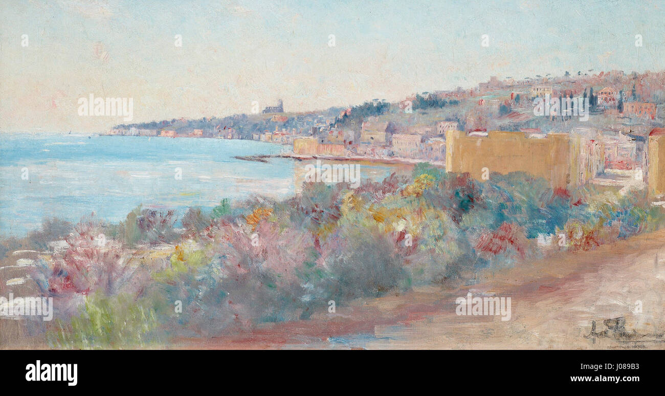 *Vy över Nice* von Axel Lindman bietet einen malerischen Blick auf die Stadt Nizza in Frankreich und fängt die Mittelmeerküste ein. Das Gemälde zeichnet sich durch seine klaren, lebendigen Farben aus und spiegelt die Romantik der Landschaftskunst des 19. Jahrhunderts wider. Stockfoto